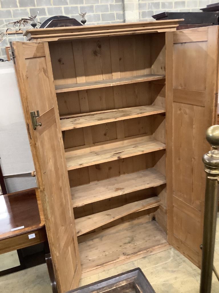 A Victorian panelled pitched pine two door cabinet, width 108cm depth 40cm height 198cm
